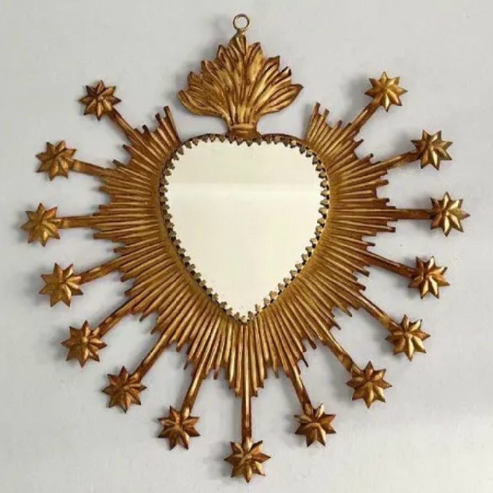 Gold Sacred Heart Wall Mirror Sunburst & Star Crown Design